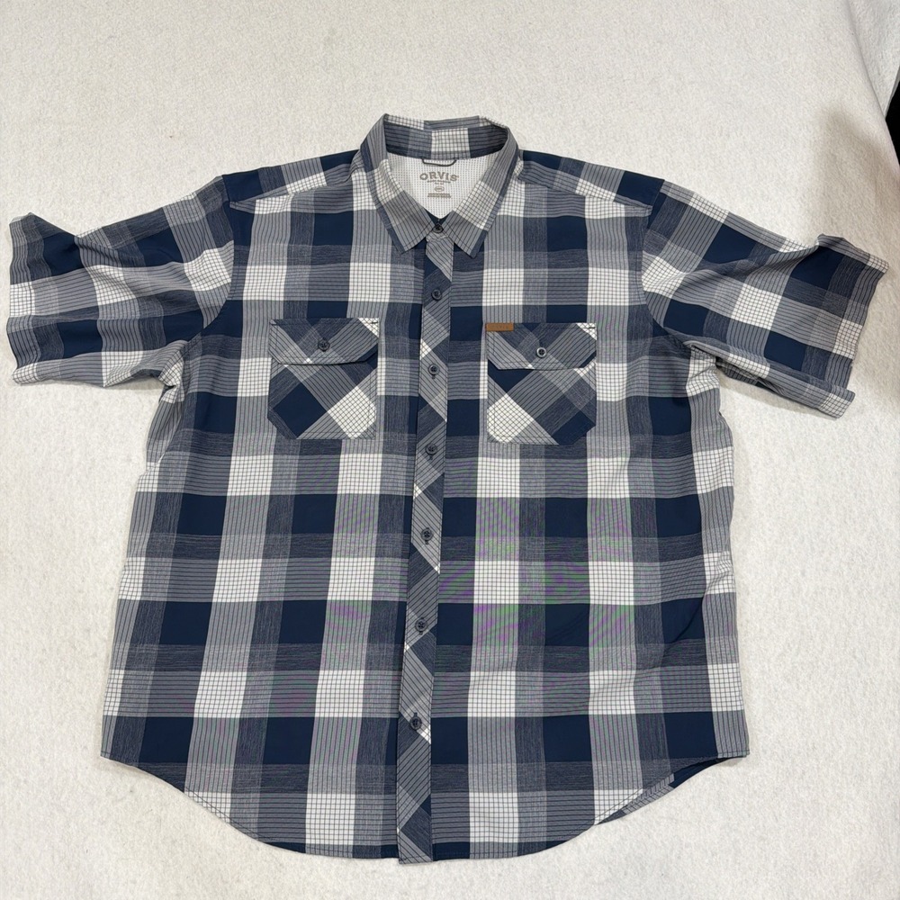 Orvis‎ Short Sleeve Mens XXL Blue Plaid Check Outdoor Hiking Shirt Classic Fish